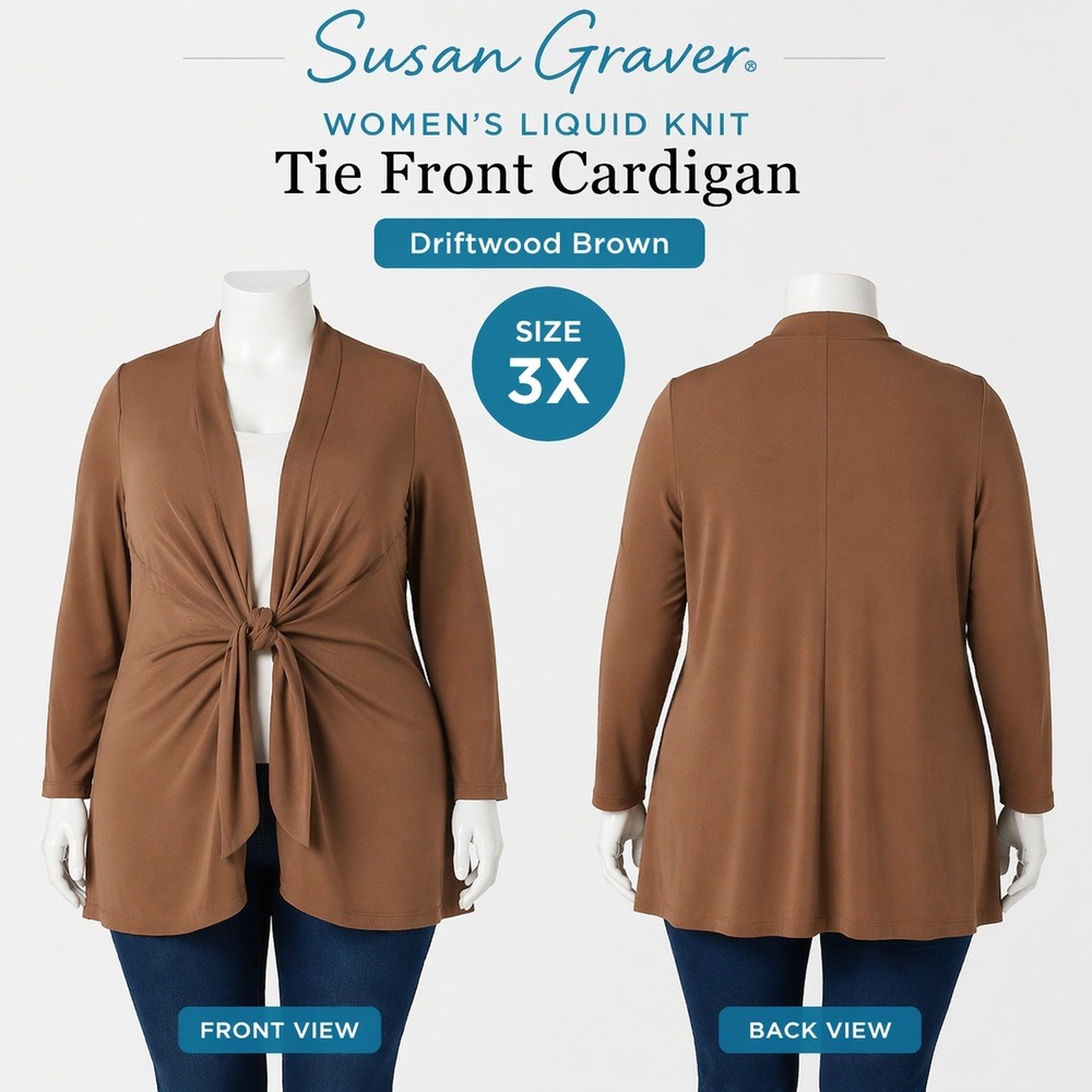 Susan Graver Liquid Knit Tie-Front Cardigan Driftwood Brown 3X A374057 Womens